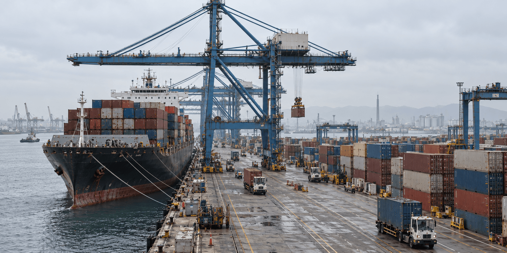 Container vessel and cargo operations at a working international dock