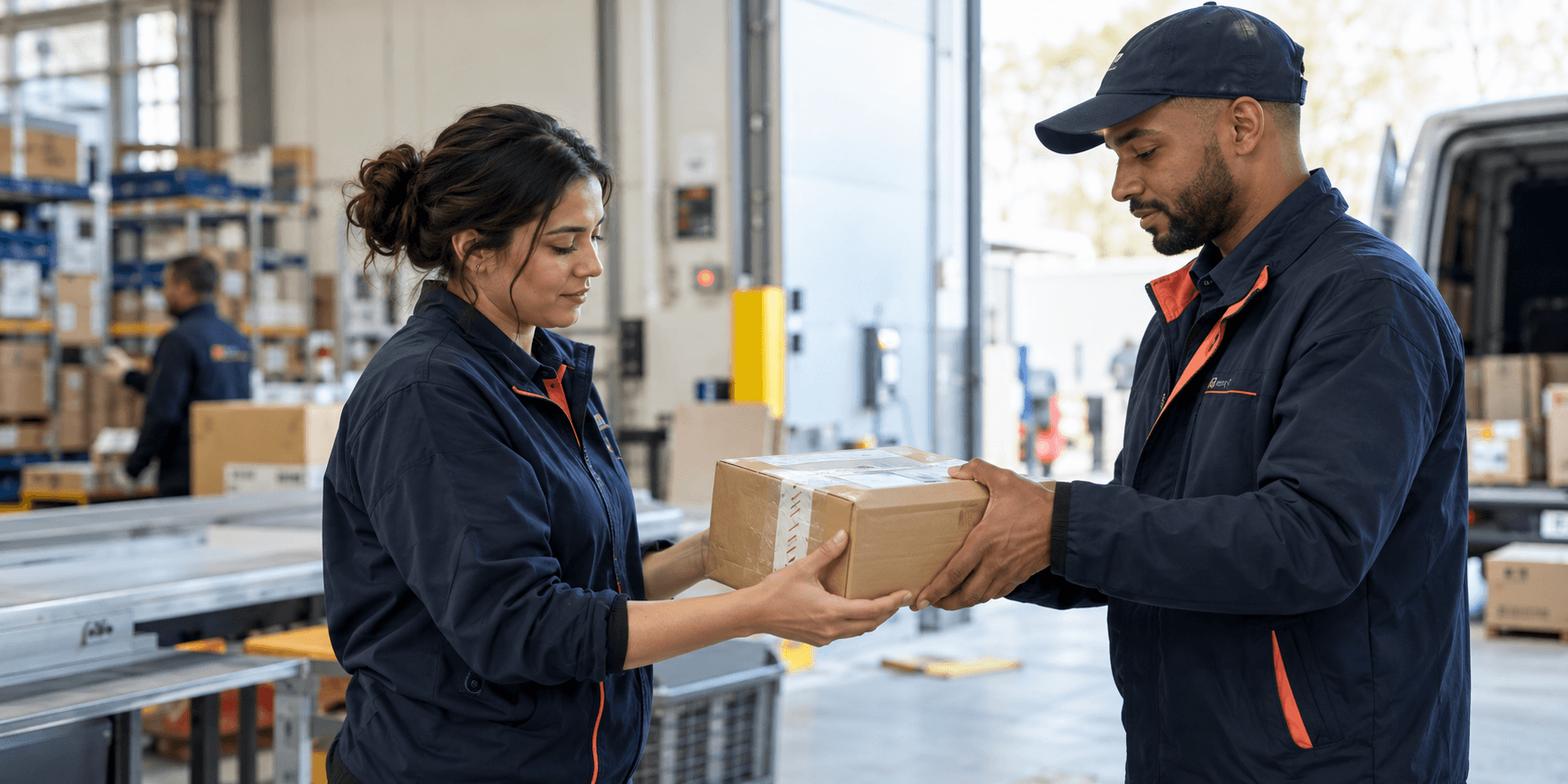 CorvantaShipping staff carefully handling a secure parcel at a logistics facility